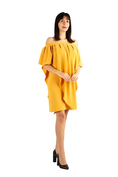 Pleated Cloak Bow Tie Back Big Size Dress - Mustard