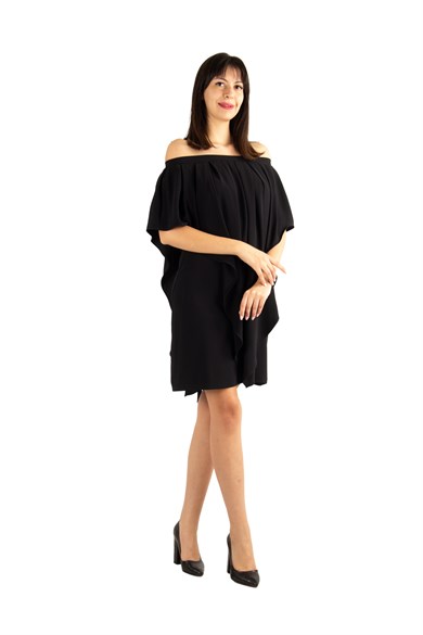 Pleated Cloak Bow Tie Back Big Size Dress - Black