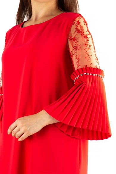 Pleated Sleeve Cuff Big Size Dress With Stone And Lace Detail - Red