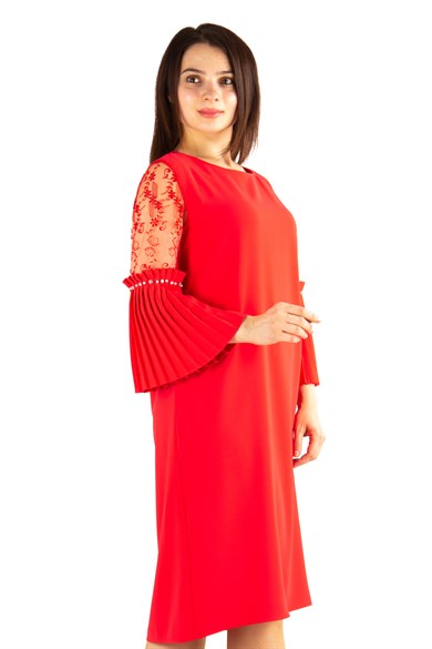Pleated Sleeve Cuff Big Size Dress With Stone And Lace Detail - Red