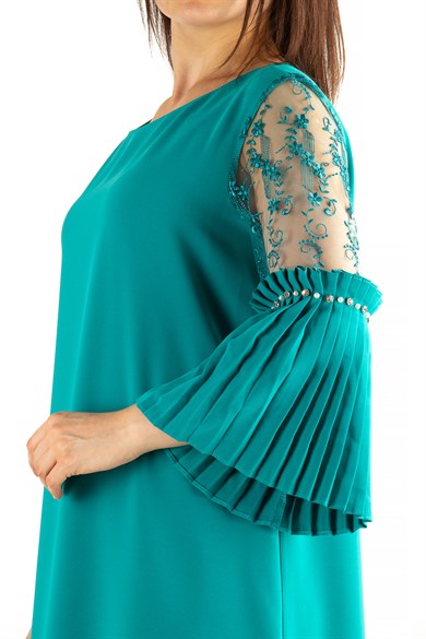 Pleated Sleeve Cuff Big Size Dress With Stone And Lace Detail - Benetton Green