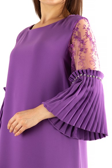 Pleated Sleeve Cuff Dress With Stone And Lace Detail - Purple