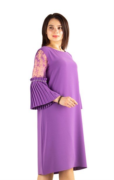 Pleated Sleeve Cuff Dress With Stone And Lace Detail - Purple