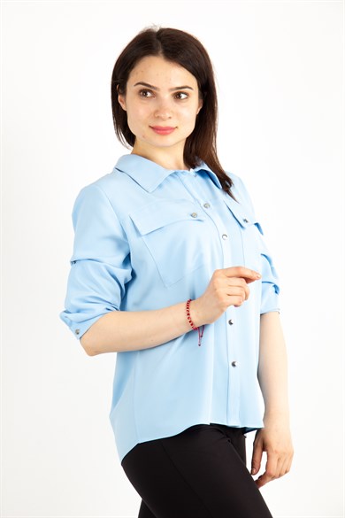 Pocket Detail Classic Blouse - Baby Blue