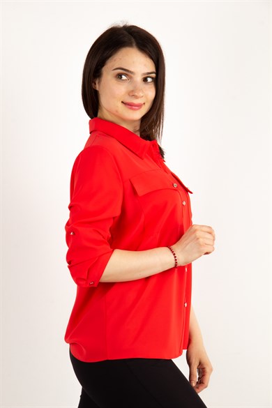 Pocket Detail Classic Blouse - Red
