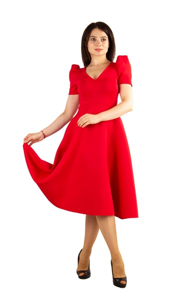 Puff Sleeve V Neck Scuba Dress - Red