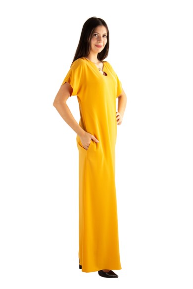 Ring Detail Long Big Size Dress - Mustard