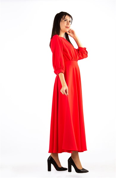 Round Neck Half Sleeve Flare Maxi Dress - Red