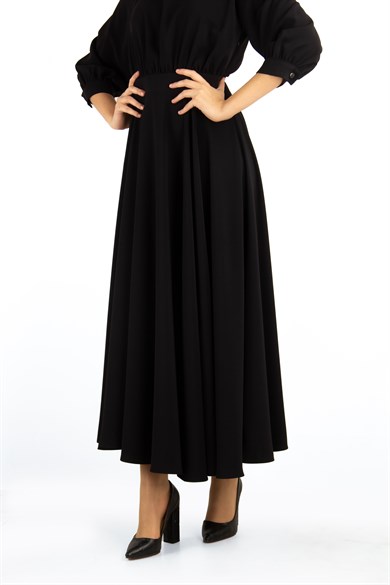 Round Neck Half Sleeve Flare Maxi Dress - Black