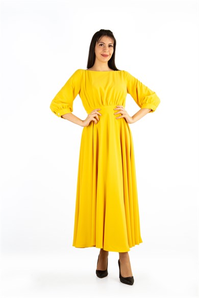 Round Neck Half Sleeve Flare Maxi Dress - Yellow