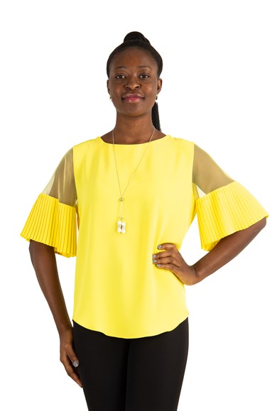 Round Neck Short Pleated Tulle Sleeve Blouse - Yellow