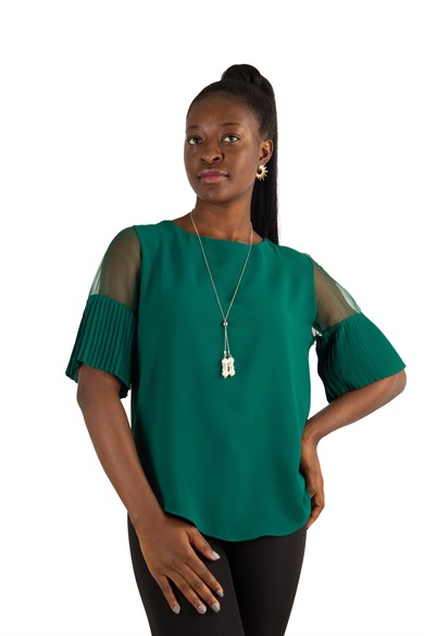 Round Neck Short Pleated Tulle Sleeve Big Size Blouse - Emerald Green