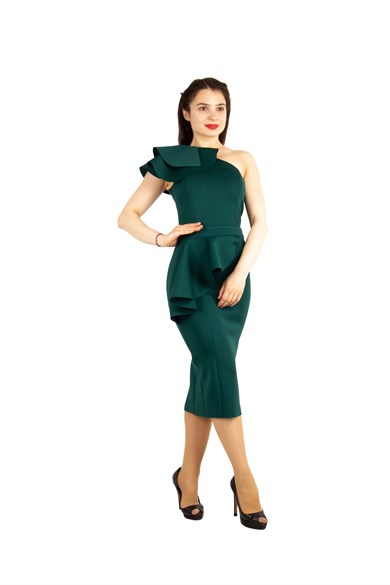 Ruffle One Shoulder Peplum Scuba Dress - Emerald Green
