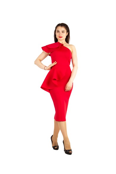 Ruffle One Shoulder Peplum Scuba Dress - Red