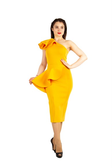Ruffle One Shoulder Peplum Scuba Dress - Mustard