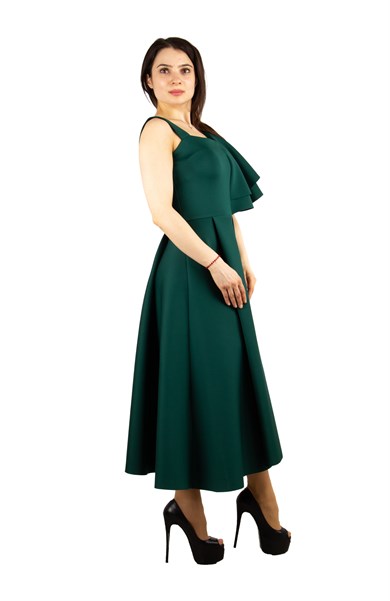 Ruffle One Shoulder Scuba Dress - Emerald Green