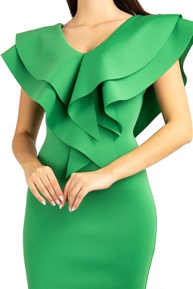 Ruffle V-neck Sleeveless Maxi Scuba Dress - Grass Green