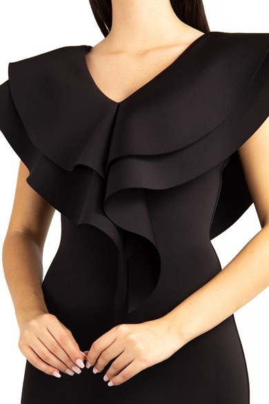 Ruffle V-neck Sleeveless Maxi Scuba Dress - Black
