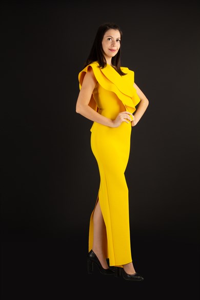 Ruffle V-neck Sleeveless Maxi Scuba Dress - Yellow