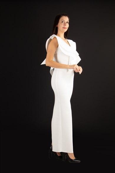 Ruffle V-neck Sleeveless Maxi Scuba Dress - White