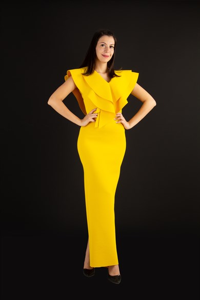 Ruffle V-neck Sleeveless Maxi Scuba Dress - Yellow
