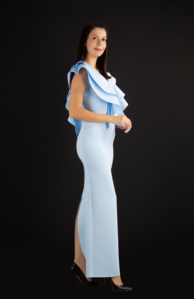 Ruffle V-neck Sleeveless Maxi Scuba Dress - Baby Blue