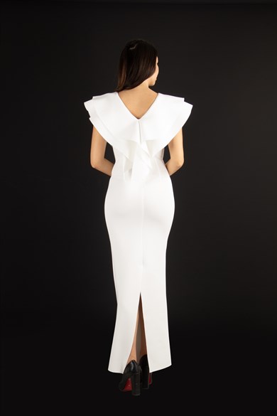 Ruffle V-neck Sleeveless Maxi Scuba Dress - White