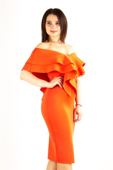 Ruffle V-Neck Sleeveless Mini Scuba Dress - Orange
