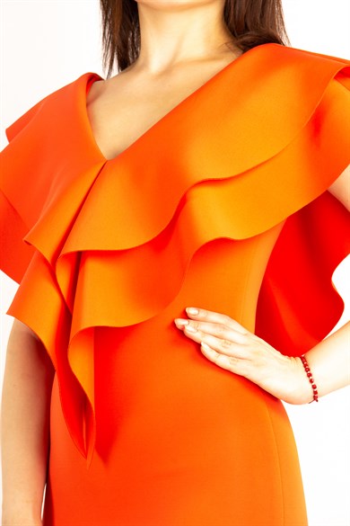Ruffle V-Neck Sleeveless Mini Scuba Dress - Orange