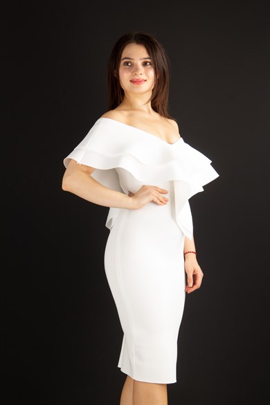 Ruffle V-Neck Sleeveless Mini Scuba Dress - White