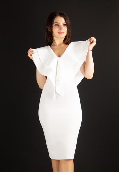 Ruffle V-Neck Sleeveless Mini Scuba Dress - White