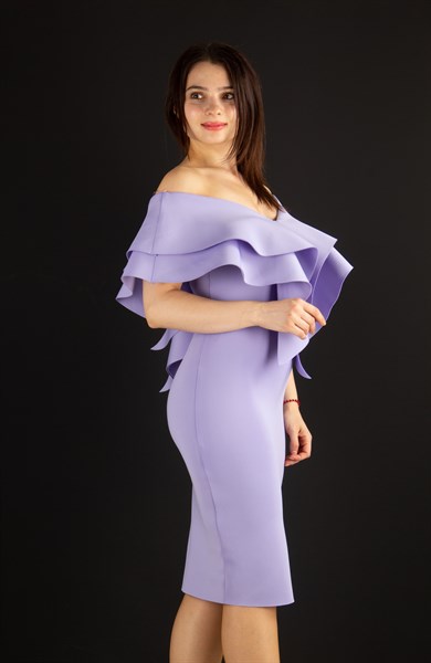 Ruffle V-Neck Sleeveless Mini Scuba Dress - Lilac