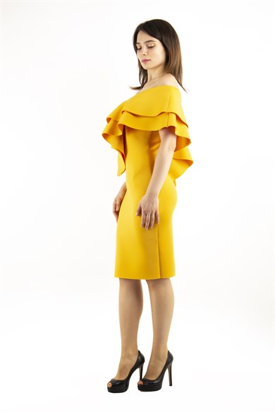 Ruffle V-Neck Sleeveless Mini Scuba Dress - Mustard