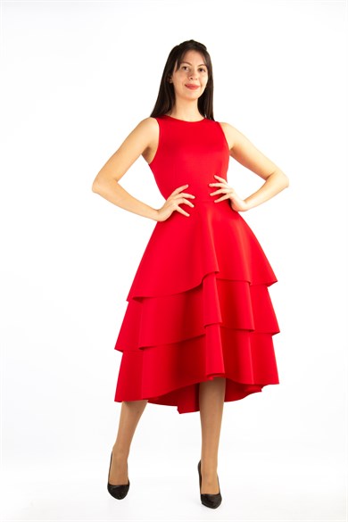 Ruffled Hem Sleeveless Scuba Dress - Red