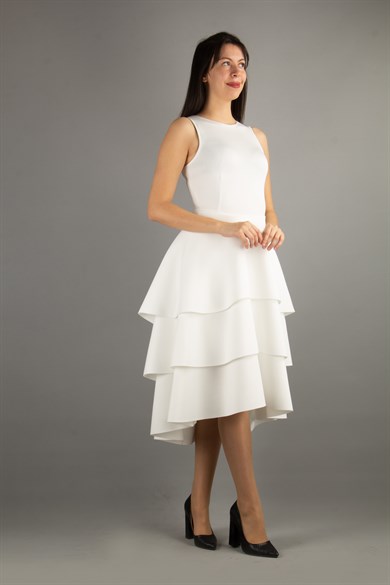 Ruffled Hem Sleeveless Scuba Dress - White
