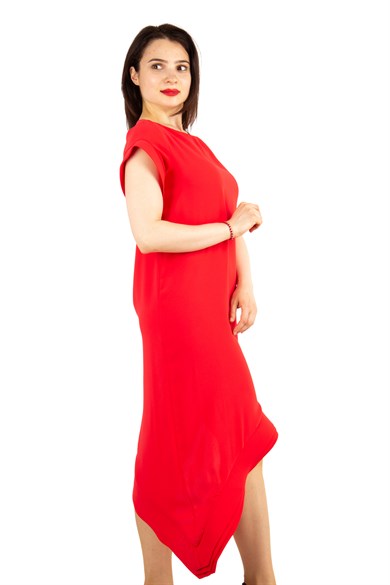 Short Sleeve Asymmetrical Dress - Red