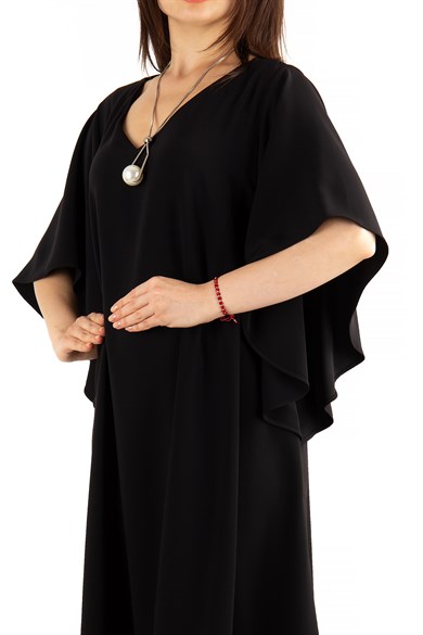Short Sleeve Batwing V-neck Dress - Black
