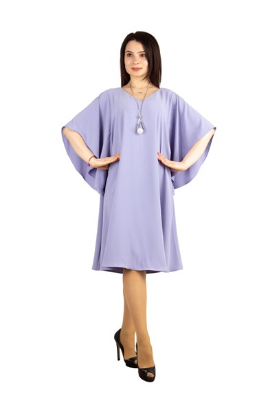 Short Sleeve Batwing V-neck Dress - Lilac