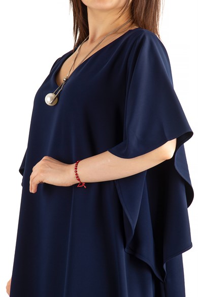 Short Sleeve Batwing V-neck Dress - Navy Blue