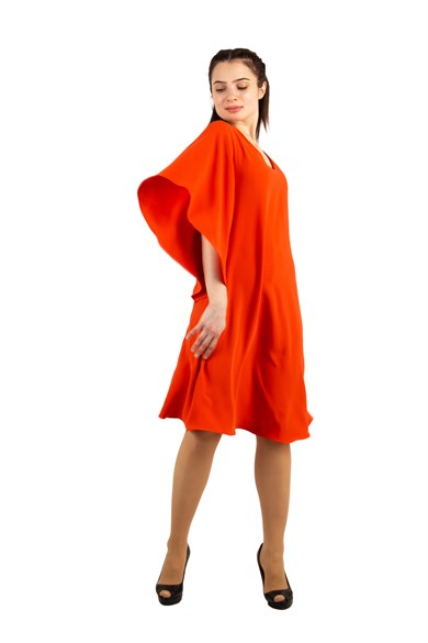 Short Sleeve Batwing V-neck Dress - Orange