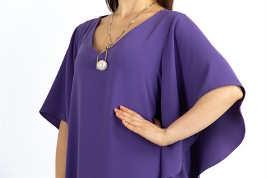 Short Sleeve Batwing V-neck Dress - Violet