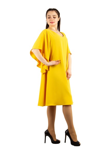 Short Sleeve Batwing V-neck Dress - Yellow