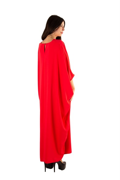 Short Sleeve Batwing V-neck Long Dress - Red