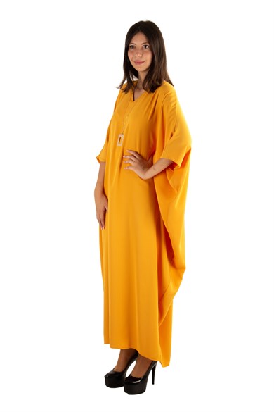 Short Sleeve Batwing V-neck Long Dress - Mustard