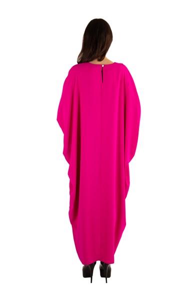 Short Sleeve Batwing V-neck Long Dress - Fuchsia