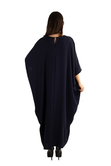 Short Sleeve Batwing V-neck Long Dress - Navy Blue
