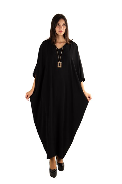 Short Sleeve Batwing V-neck Long Dress - Black