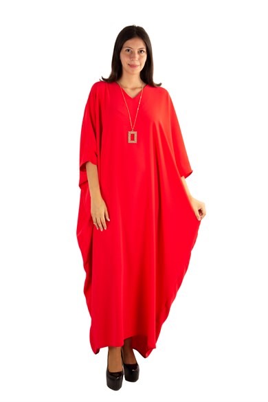 Short Sleeve Batwing V-neck Long Dress - Red