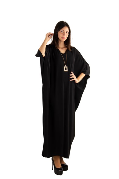 Short Sleeve Batwing V-neck Long Dress - Black