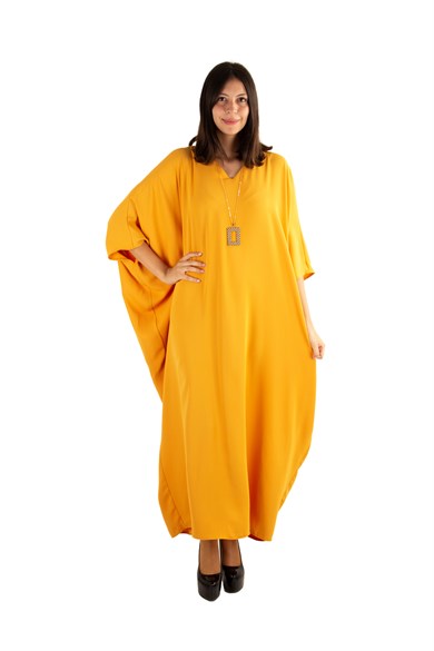 Short Sleeve Batwing V-neck Long Dress - Mustard